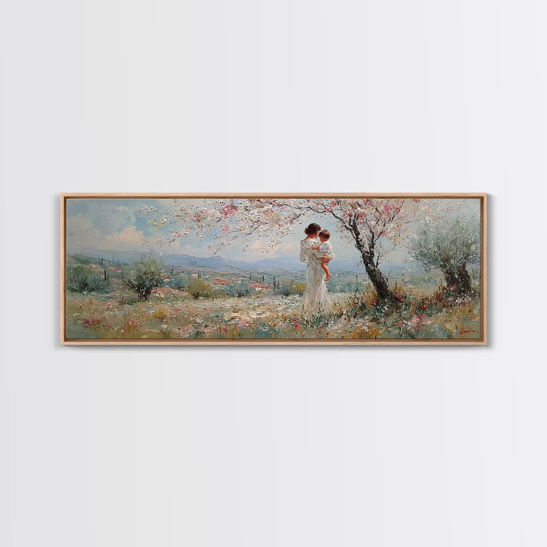 Mother And Baby Under Blossoming Tree Framed Canvas Print, Impressionist Spring Landscape Wall Decor, Nursery Art Gift For Her
