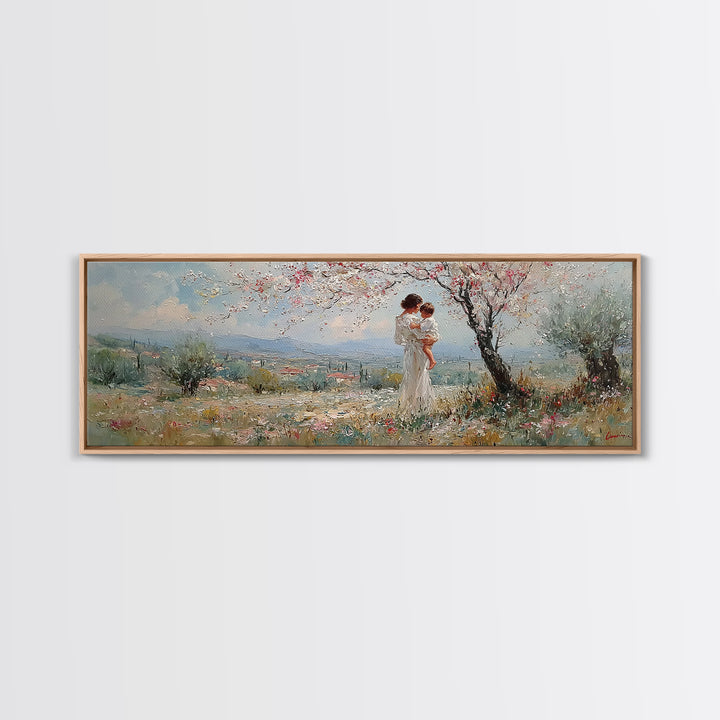 Mother And Baby Under Blossoming Tree Framed Canvas Print, Impressionist Spring Landscape Wall Decor, Nursery Art Gift For Her