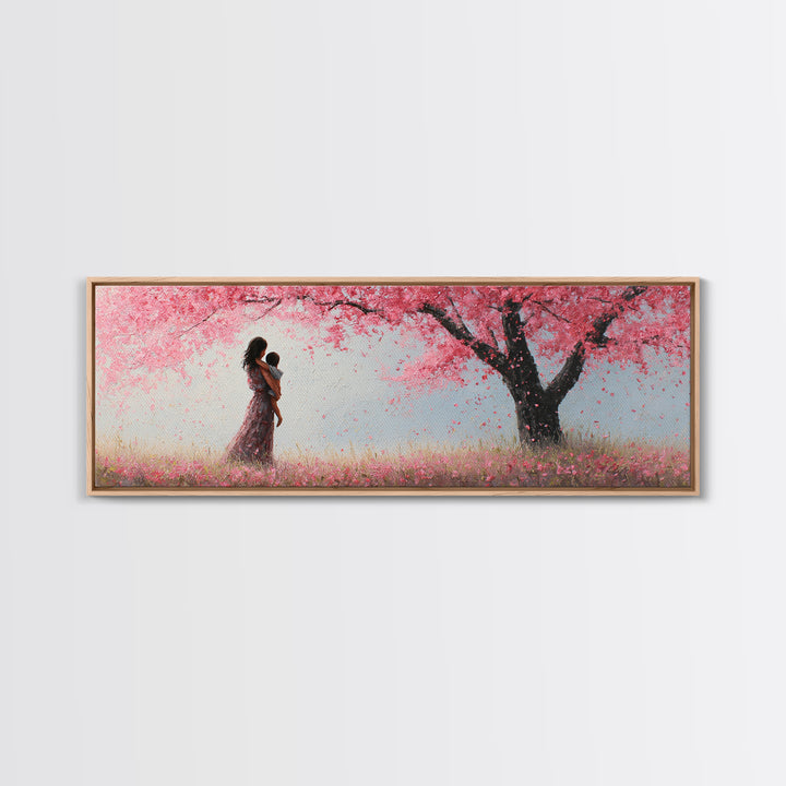 Mother And Infant Beneath Pink Cherry Blossoms Wall Art, Romantic Spring Nursery Decor, Feminine Canvas Art Gift For Her