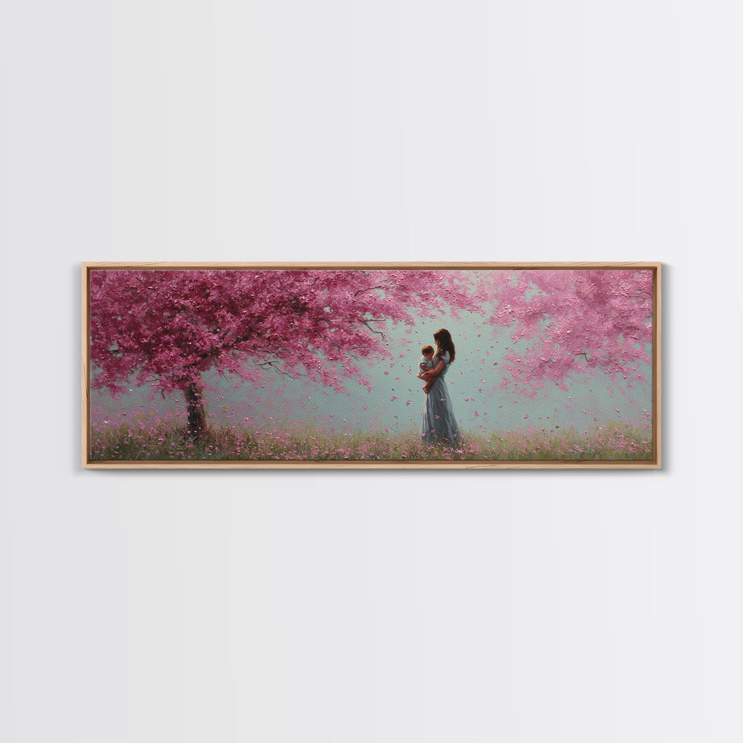 Mother Holding Baby In Pink Blossom Grove Framed Canvas Print, Pastel Nursery Wall Art, Cherry Blossom Home Decor Gift For Mom