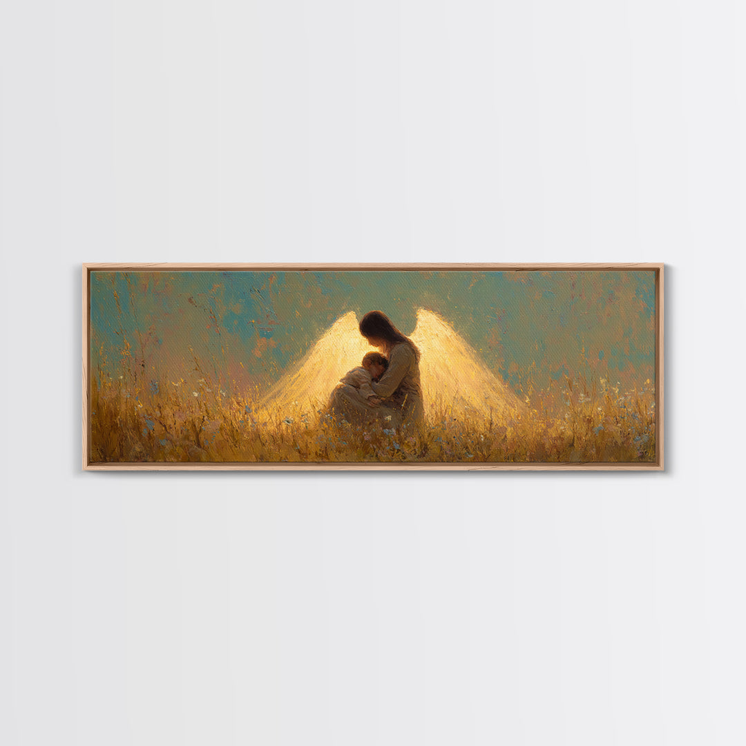 Golden Guardian Angel Embracing Child Canvas Print, Spiritual Wall Art, Christian Nursery Home Decor, Sympathy Gift For Mom