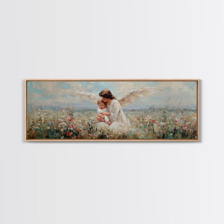 White Winged Angel Holding Baby In Meadow Canvas Print, Christian Wall Art, Spiritual Nursery Decor, Guardian Angel Gift