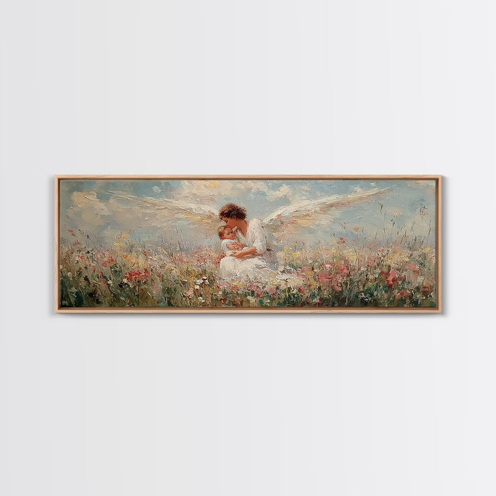 Curly Haired Angel Holding Baby In Flowers Canvas Print, Christian Wall Art, Spiritual Nursery Decor, Baptism Gift For Baby