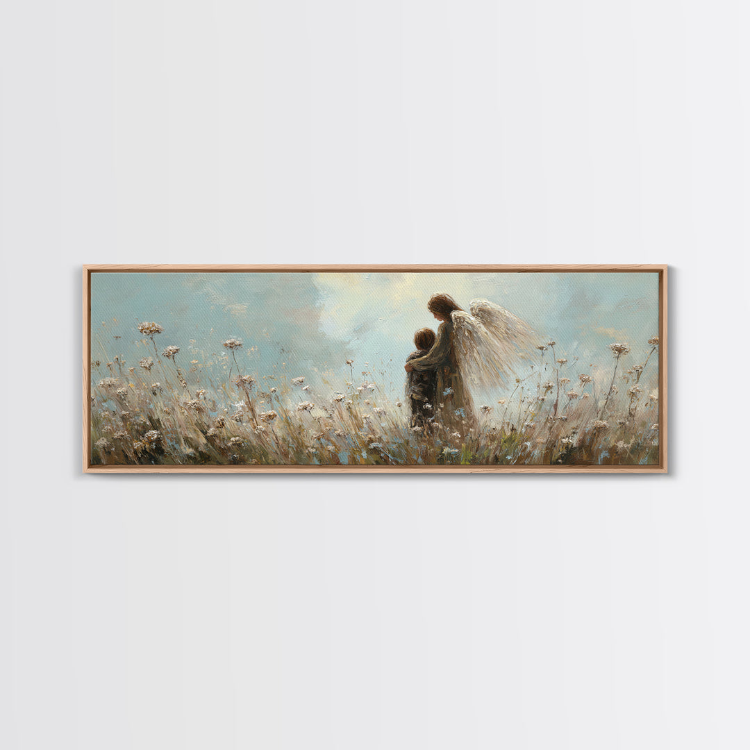Guardian Angel Walking With Child In Meadow Wall Art, Soft Blue Wildflower Canvas Print, Christian Nursery Decor Gift For Mom