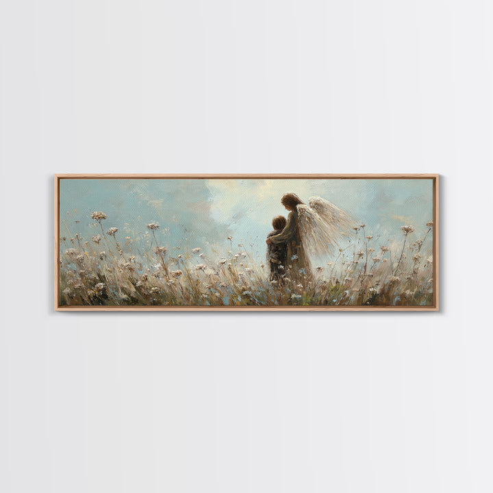 Guardian Angel Walking With Child In Meadow Wall Art, Soft Blue Wildflower Canvas Print, Christian Nursery Decor Gift For Mom