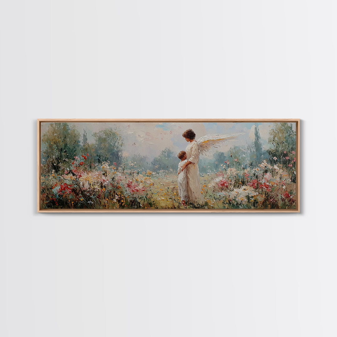 Guardian Angel With Child Framed Canvas Print, Spiritual Wall Art, Nursery Decor, Christian Gift, Wildflower Landscape Art