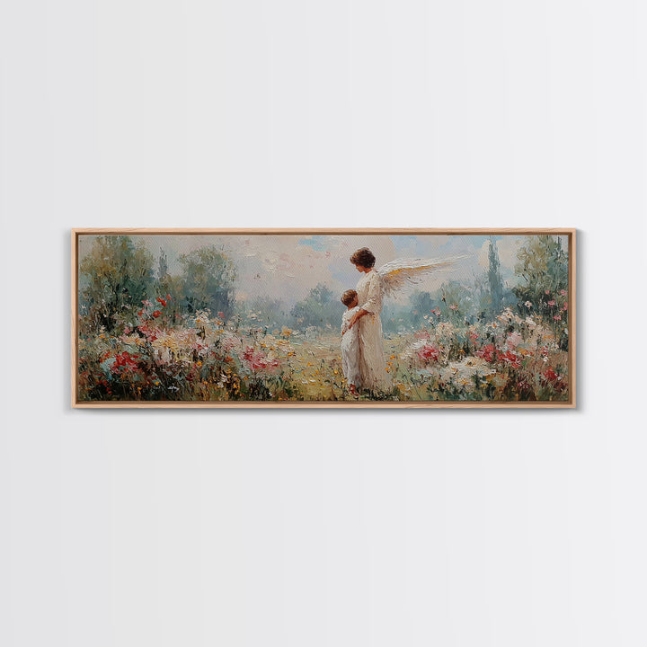 Guardian Angel With Child Framed Canvas Print, Spiritual Wall Art, Nursery Decor, Christian Gift, Wildflower Landscape Art