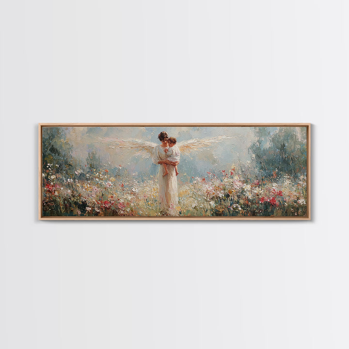 Angel Mother Holding Child Canvas Print, Christian Wall Art, Nursery Decor, Ethereal Meadow Painting, Gift For Her, Housewarming Gift
