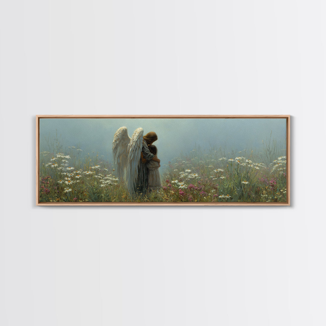Angel And Little Girl Meadow Wall Art, Christian Nursery Decor, Spiritual Canvas Art, Wildflower Landscape, Calming Gift