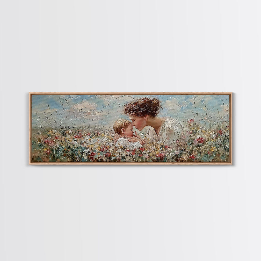 Angel Mother Kissing Baby Framed Canvas Print, Christian Nursery Wall Art, Wildflower Meadow Decor, Gift For Mom, Spiritual Art
