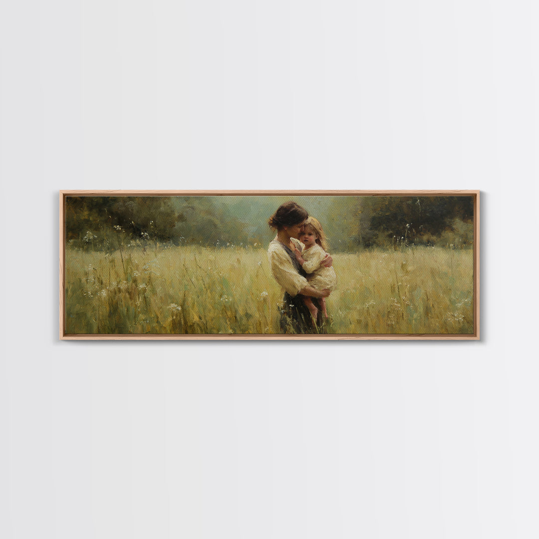 Mother Holding Toddler In Golden Field Framed Canvas Print, Impressionist Landscape Wall Art, Rustic Farmhouse Nursery Decor