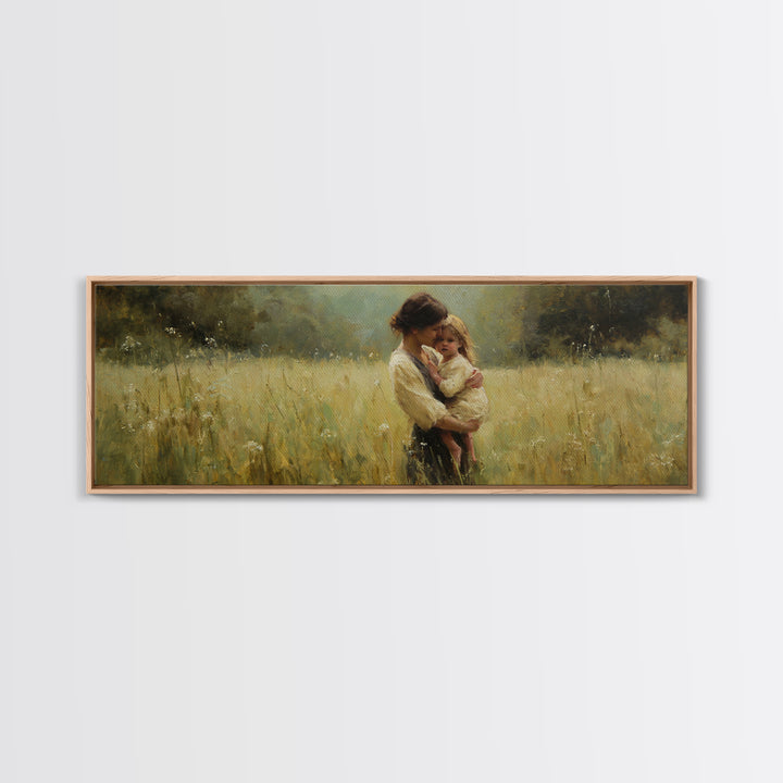 Mother Holding Toddler In Golden Field Framed Canvas Print, Impressionist Landscape Wall Art, Rustic Farmhouse Nursery Decor