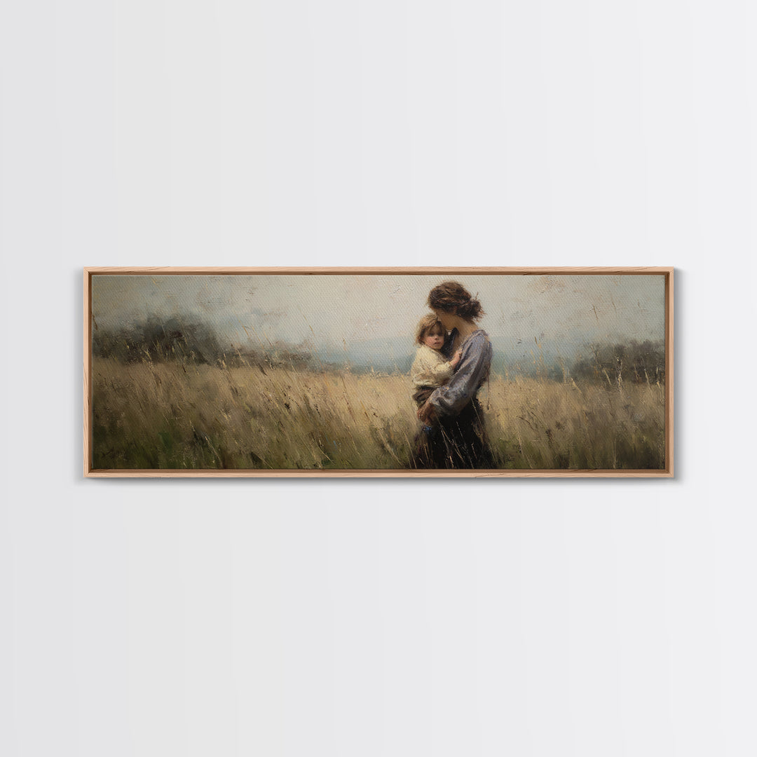 Tender Mother And Child In Wheat Field Canvas Print, Moody Impressionist Wall Art, Neutral Nursery Decor, Gift For Mom, Living Room Art