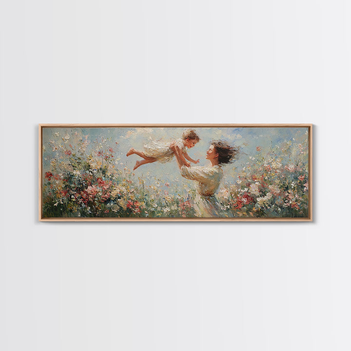 Mother Lifting Child Over Blooming Meadow Framed Canvas Print, Impressionist Floral Wall Art, Nursery Decor Gift For Mom