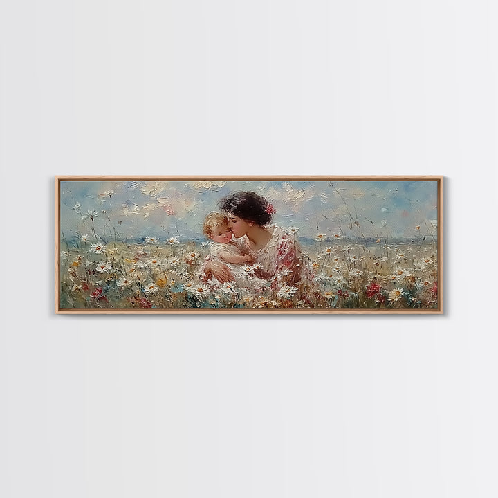 Tender Mother And Child Embrace In Daisy Field Framed Canvas Print, Floral Wall Art, Feminine Nursery Decor Gift For Her