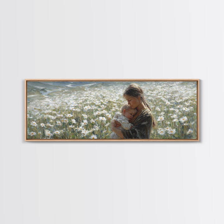 Peaceful Mother Cradling Baby In White Daisy Meadow Canvas Print, Nature Wall Art, Feminine Nursery Decor Gift For New Mom