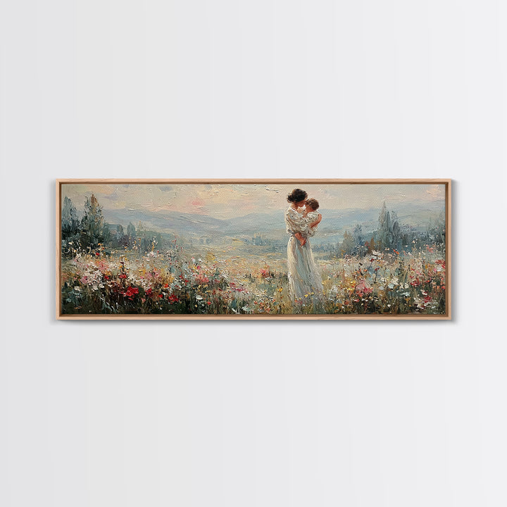 Mother Holding Infant Above Misty Floral Valley Canvas Print, Landscape Wall Art, Romantic Bedroom Decor Housewarming Gift
