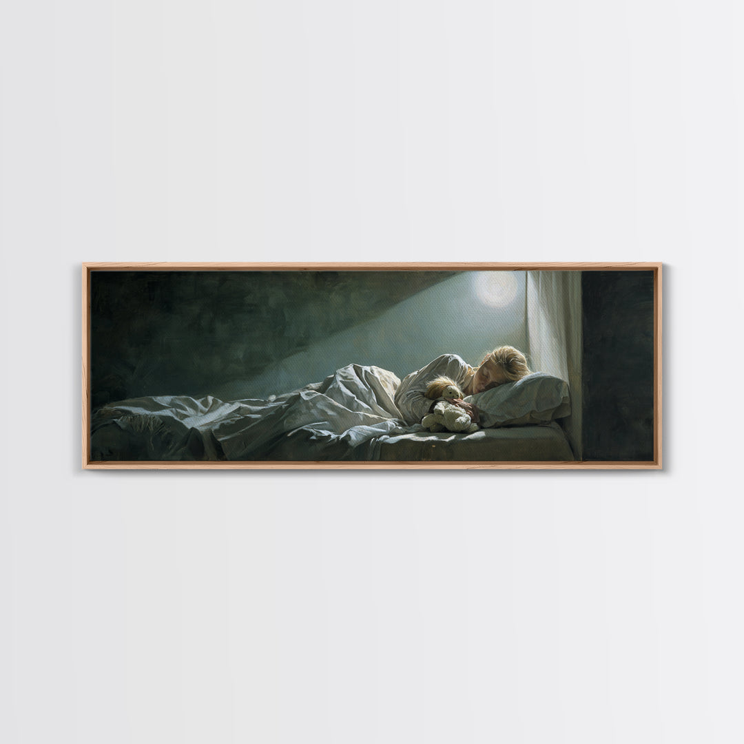 Moonlit Mother And Child Sleeping Beside Teddy Bear Canvas Print, Calming Wall Art, Nursery Bedroom Decor Gift For New Mom