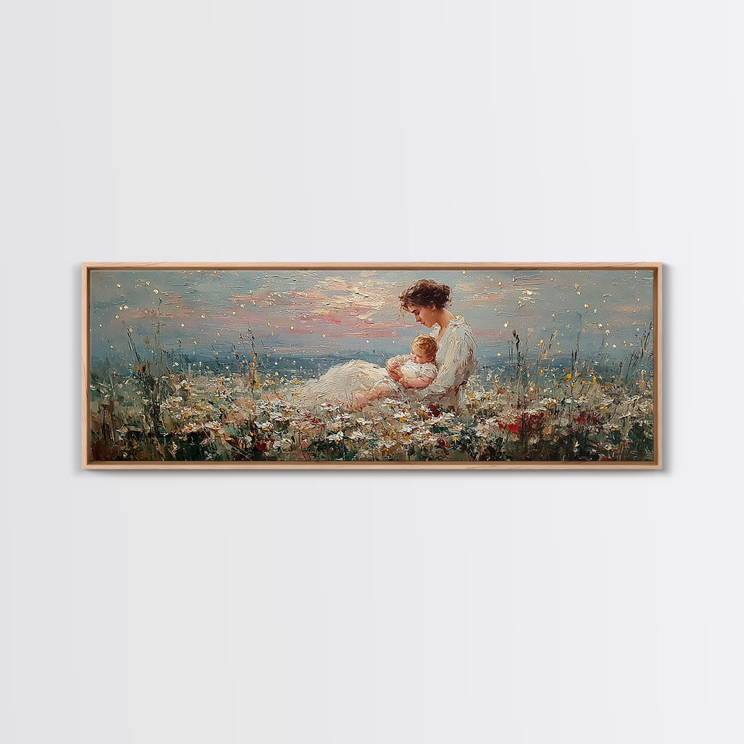 Mother And Baby Wildflower Meadow Wall Art, Angelic Nursery Decor, Feminine Fine Art Print, Gift For Mom, Living Room Decor