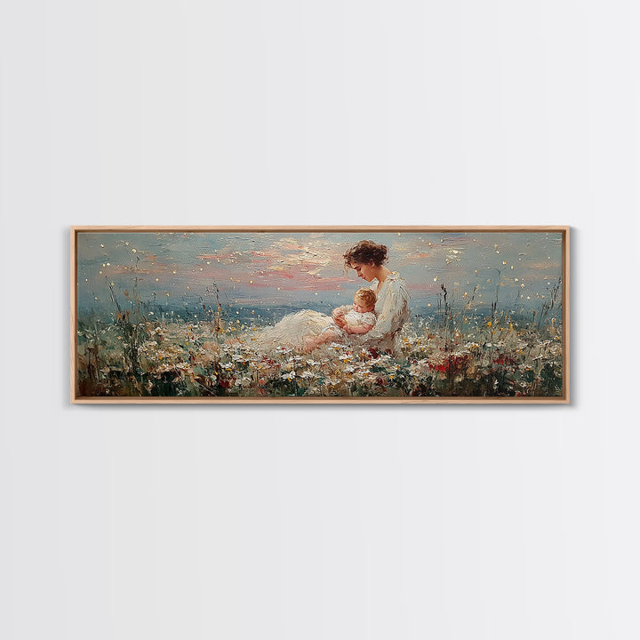 Mother And Baby Wildflower Meadow Wall Art, Angelic Nursery Decor, Feminine Fine Art Print, Gift For Mom, Living Room Decor