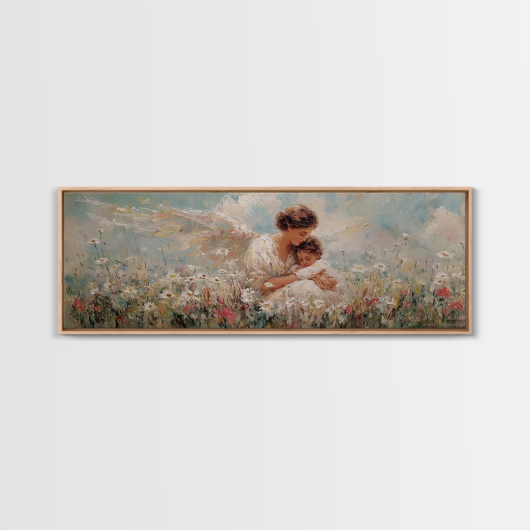 Guardian Angel And Child Framed Canvas Print, Wildflower Meadow Wall Art, Christian Nursery Decor, Gift For Mom, Fine Art