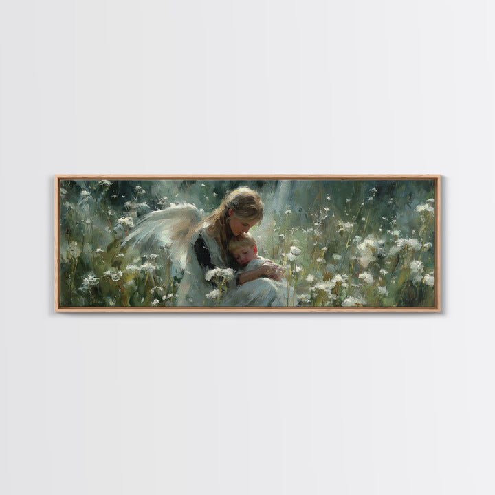 Blonde Guardian Angel With Baby Wall Art, Serene Wildflower Meadow Canvas Print, Christian Nursery Decor, Gift For Her, Home Decor