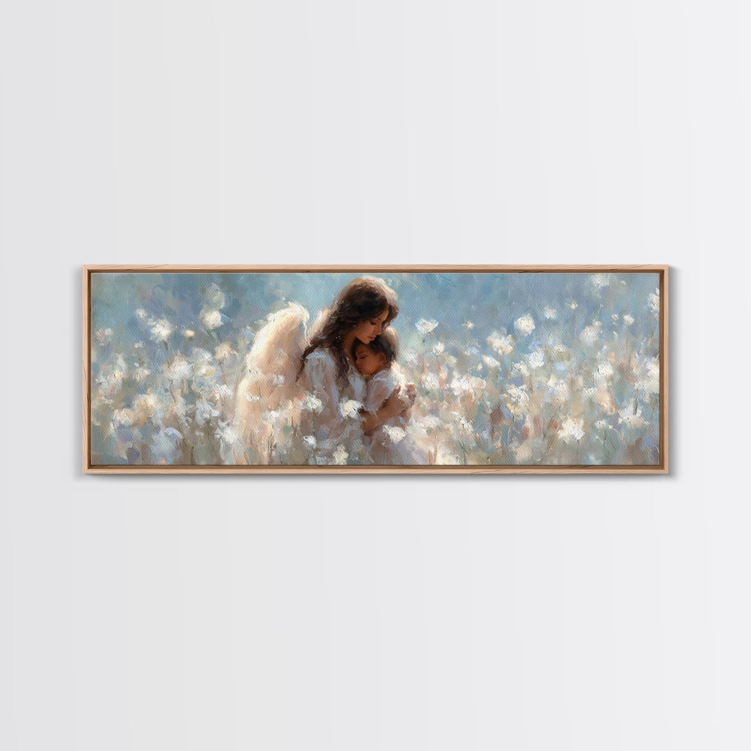 Angel Mother And Child In White Flowers Canvas Print, Dreamy Nursery Wall Art, Christian Home Decor, Gift For Mom, Fine Art