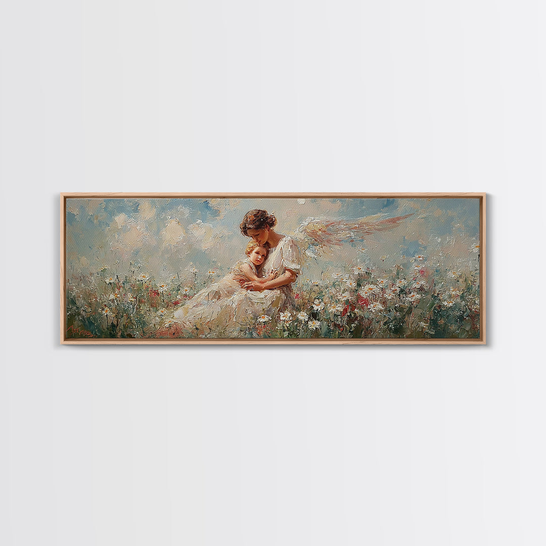 Mother Angel Holding Baby In Wildflowers Wall Art, Soft Pastel Canvas Print, Christian Nursery Decor, Gift For Mom, Home Decor