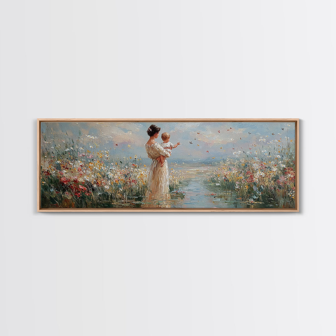 Mother Holding Baby By The Sea Wall Art, Wildflower Coastal Landscape Canvas Print, Nursery Decor, Gift For Mom, Fine Art