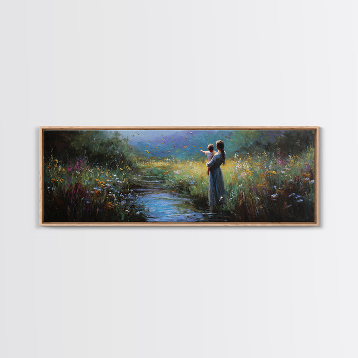 Mother And Child Beside Moonlit Stream Wall Art, Firefly Meadow Canvas Print, Spiritual Nursery Decor, Gift For Mom, Home Decor