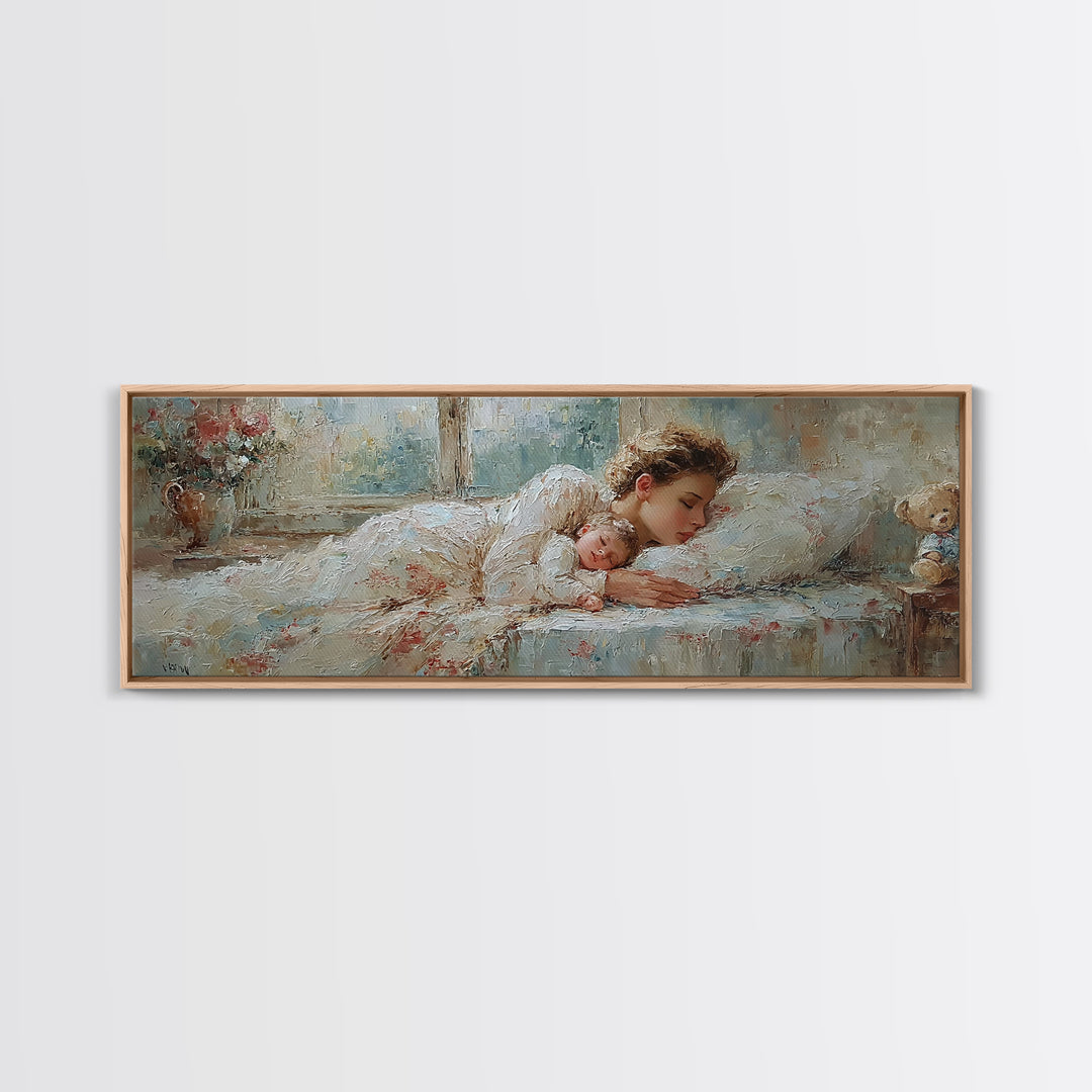 Sleeping Mother And Baby In Soft Light Wall Art, Tender Nursery Decor, Bedroom Canvas, Gift For Mom, Motherhood Art Print