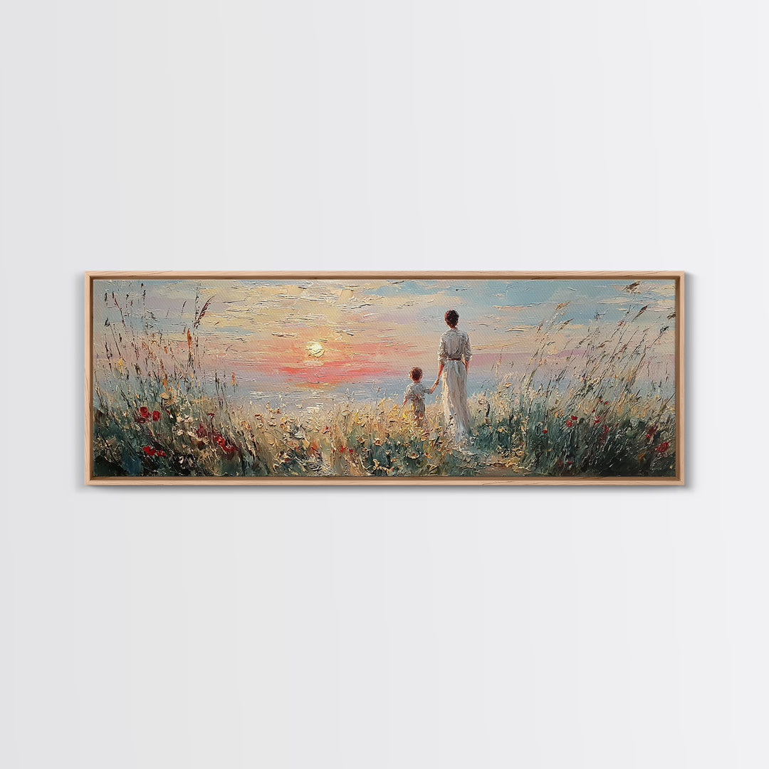 Mother And Child By Sunset Sea Canvas Print, Coastal Wall Art, Living Room Decor, Gift For Mom, Serene Beach Home Decor Prints