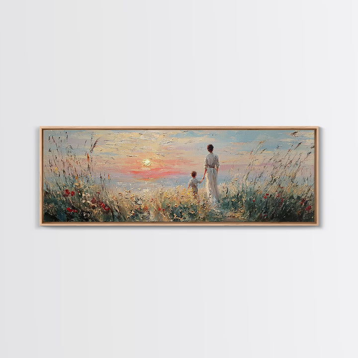 Mother And Child By Sunset Sea Canvas Print, Coastal Wall Art, Living Room Decor, Gift For Mom, Serene Beach Home Decor Prints