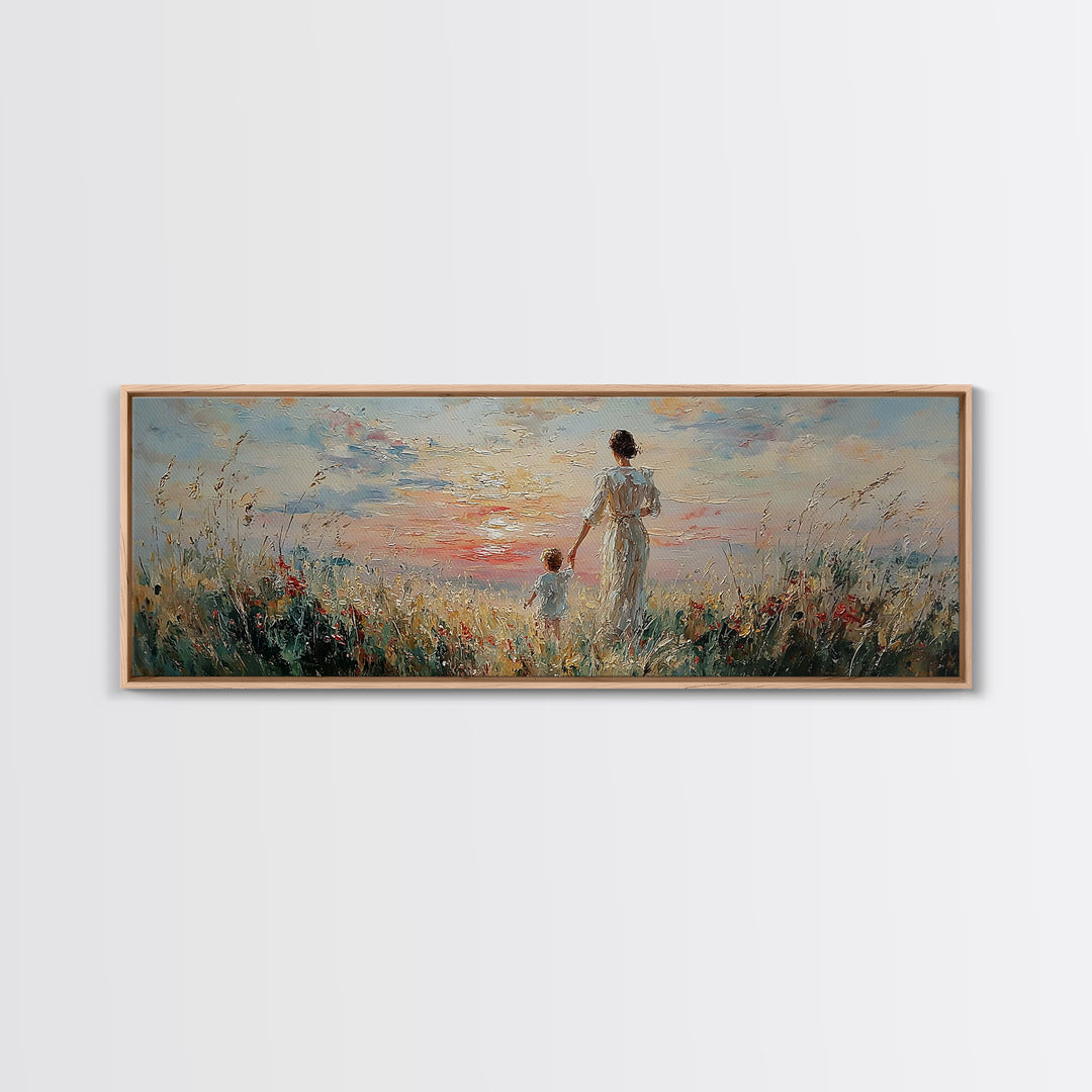Mother And Child Walking Through Coastal Flowers Framed Canvas Print, Beach House Decor, Living Room Wall Art, Gift For Mom