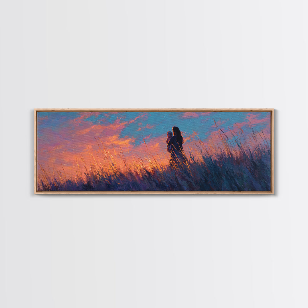 Mother Holding Baby In Purple Sunset Meadow Canvas Print, Romantic Wall Art, Moody Bedroom Decor, Gift For Her, Nursery Art
