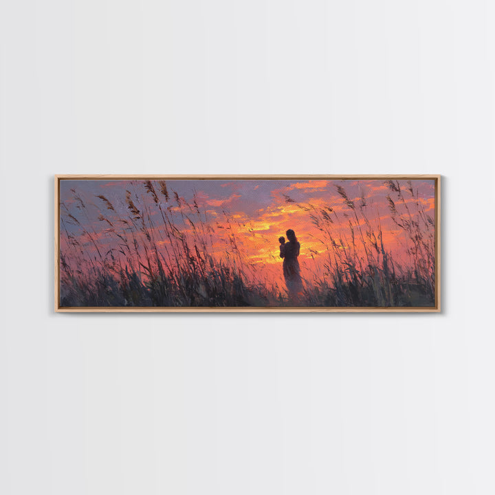 Mother Holding Baby At Rose Sunset Framed Canvas Print, Romantic Nursery Wall Art, Calming Bedroom Decor, Gift For Her And Mom