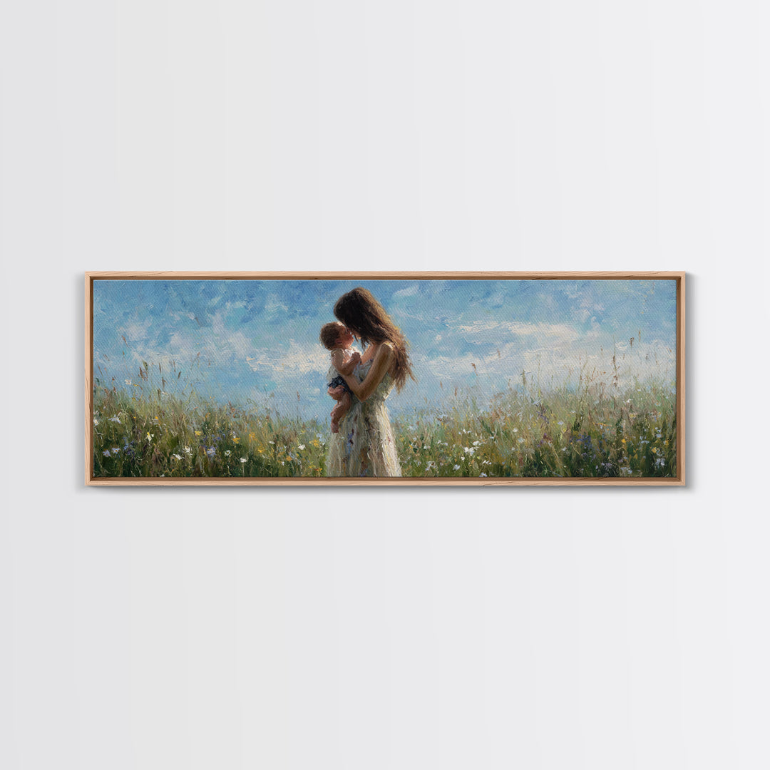 Mother Holding Baby In Wildflower Meadow Wall Art, Impressionist Floral Nursery Decor, Mothers Day Gift, Serene Living Room Print