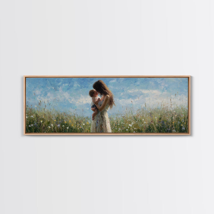 Mother Holding Baby In Wildflower Meadow Wall Art, Impressionist Floral Nursery Decor, Mothers Day Gift, Serene Living Room Print