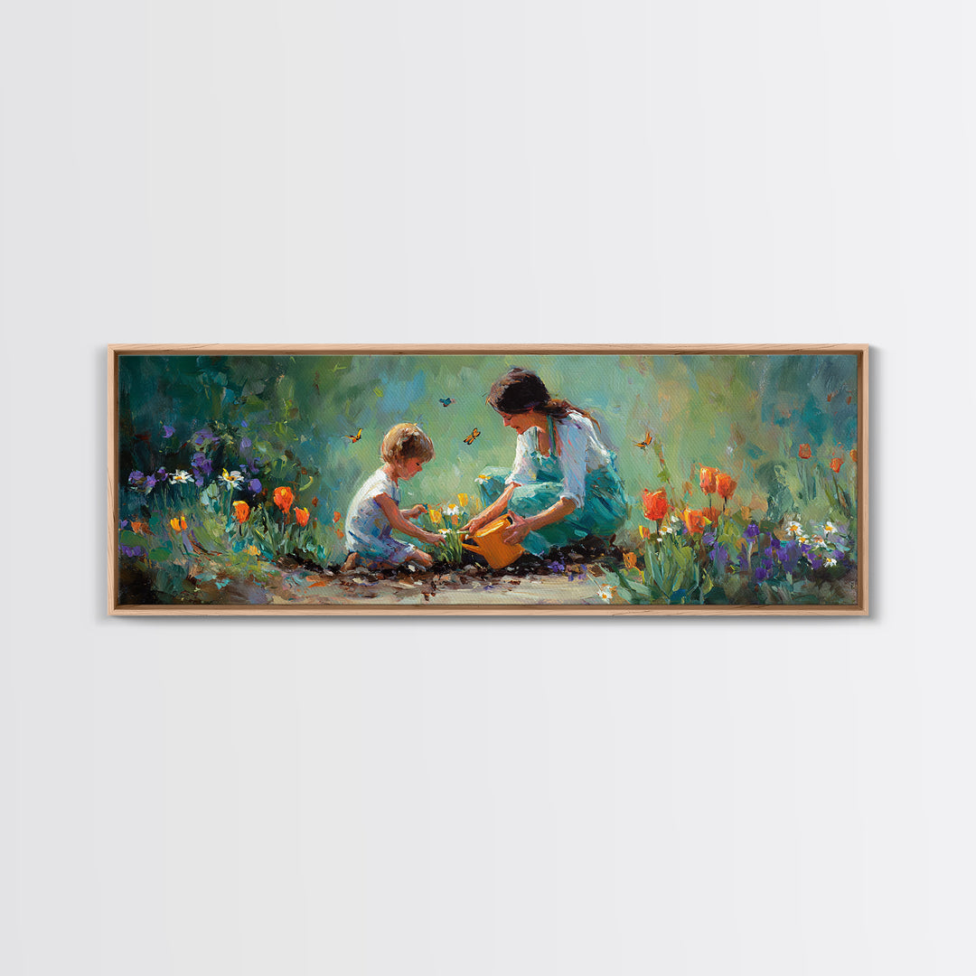 Mother And Child Planting Tulips Canvas Print, Whimsical Garden Wall Art, Floral Nursery Decor, Gift For Mom Cozy Home Decor