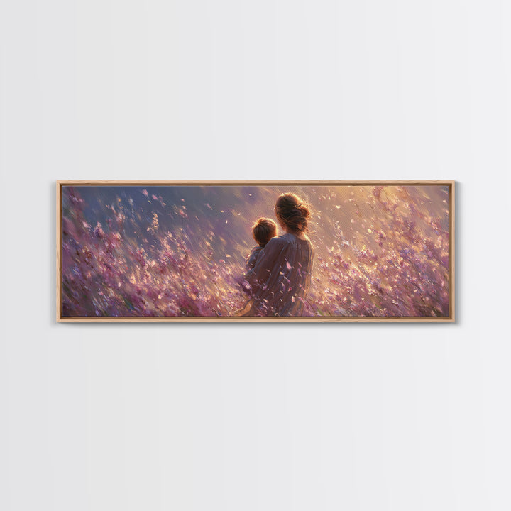 Mother Holding Child In Purple Wildflower Meadow Framed Canvas Print, Romantic Floral Wall Art, Nursery Decor, Gift For Mom