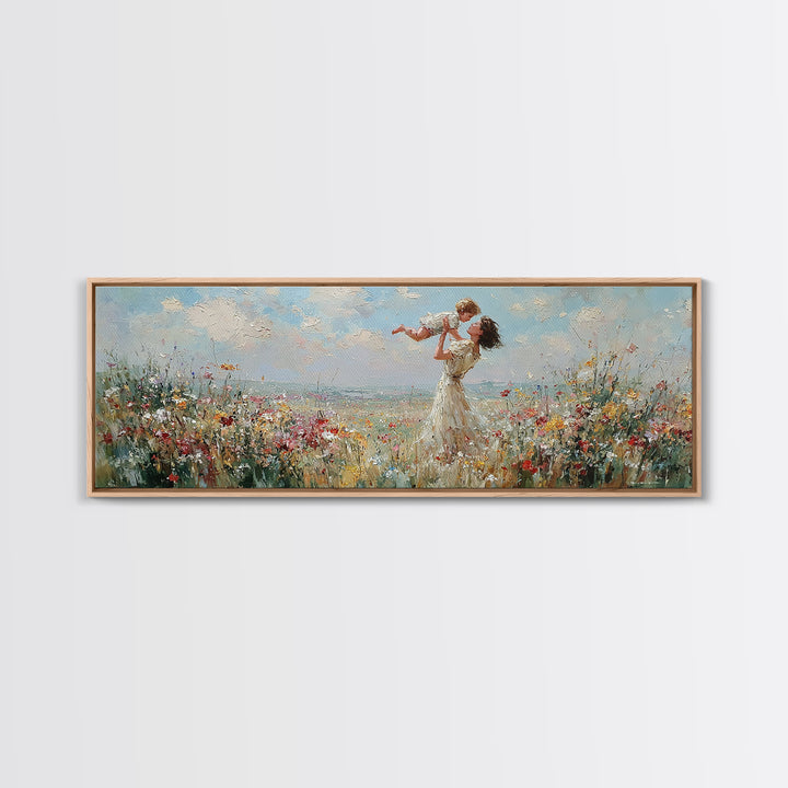 Mother Lifting Baby By Seaside Wildflowers Wall Art, Impressionist Coastal Canvas Print, Nursery Decor, Mothers Day Gift