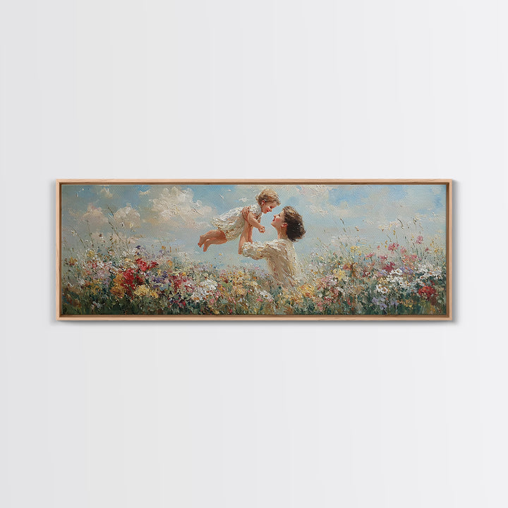 Mother Tossing Baby Above Wildflower Meadow Framed Canvas Print, Joyful Floral Wall Art, Nursery Decor, Mothers Day Gift