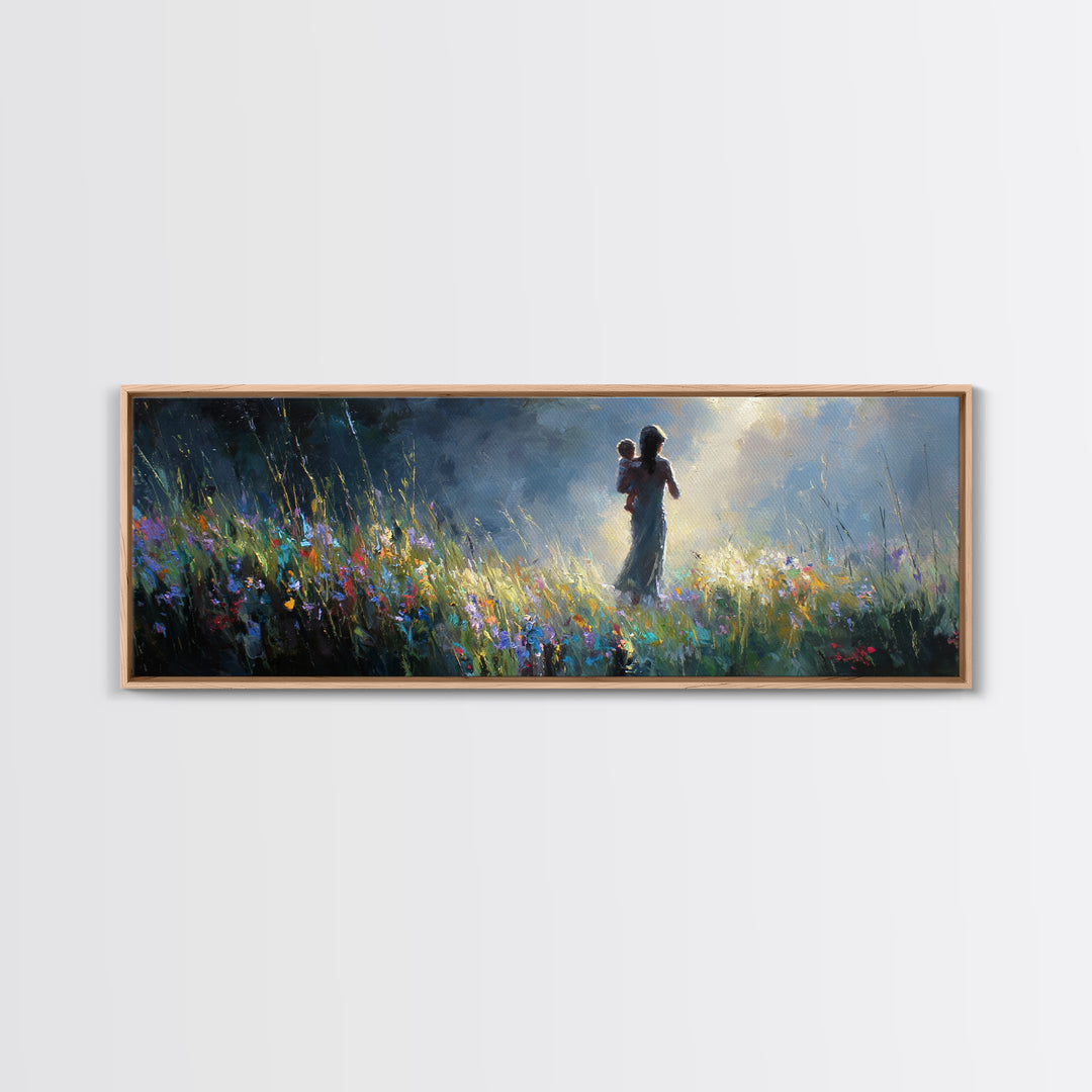 Mother And Child Silhouette In Moonlit Wildflower Meadow Canvas Print, Moody Wall Art, Nursery Decor, Gift For Mom Home Decor