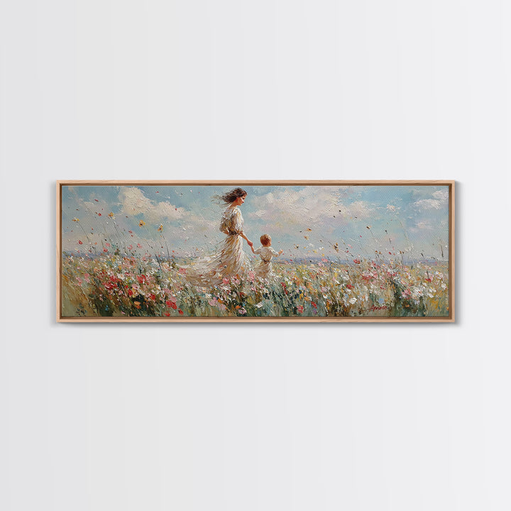 Mother And Child Walking Through Wildflowers Wall Art, Impressionist Meadow Canvas Print, Nursery Decor Gift For Mom And Her