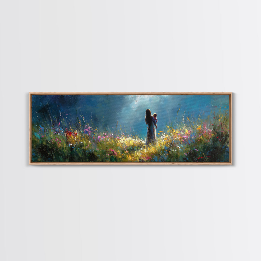 Moonlit Mother Holding Baby In Wildflower Meadow Wall Art, Impressionist Canvas Print, Nursery Decor Gift For Mom And Her