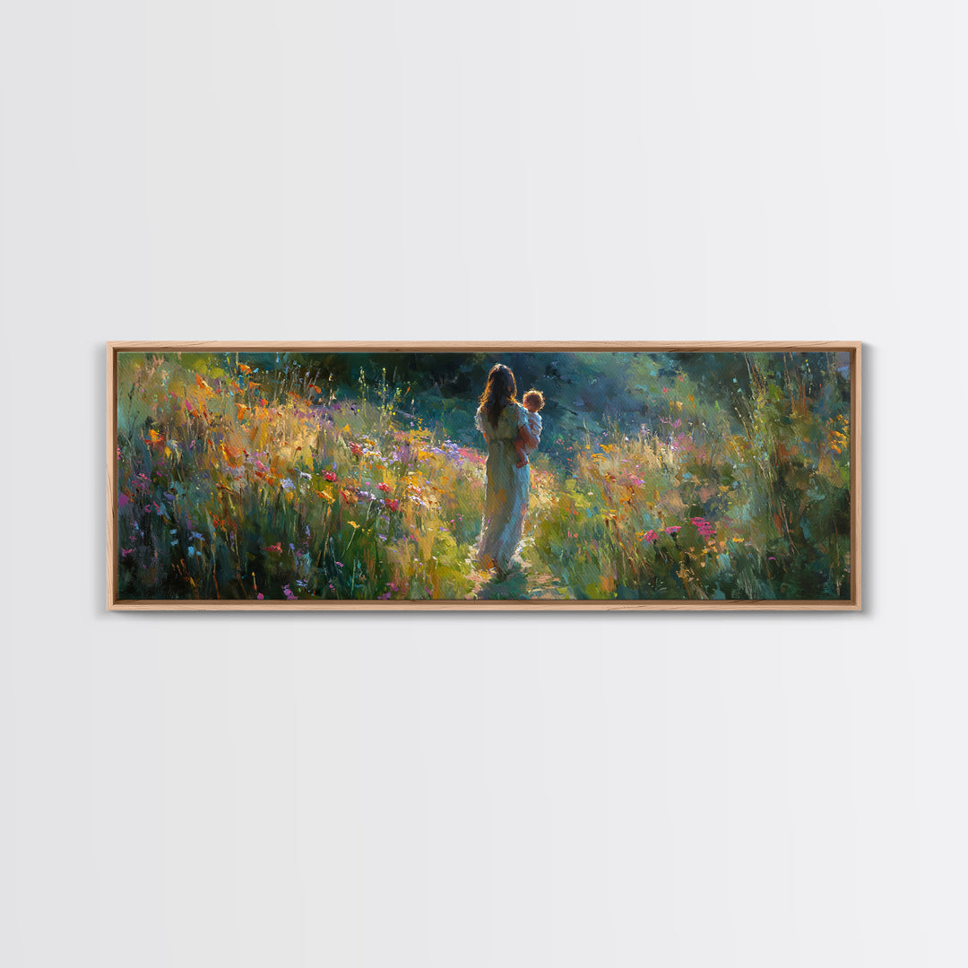 Mother And Baby In Sunlit Wildflower Path Wall Art, Impressionist Landscape Canvas Print, Nursery Decor Gift For Mom And Her