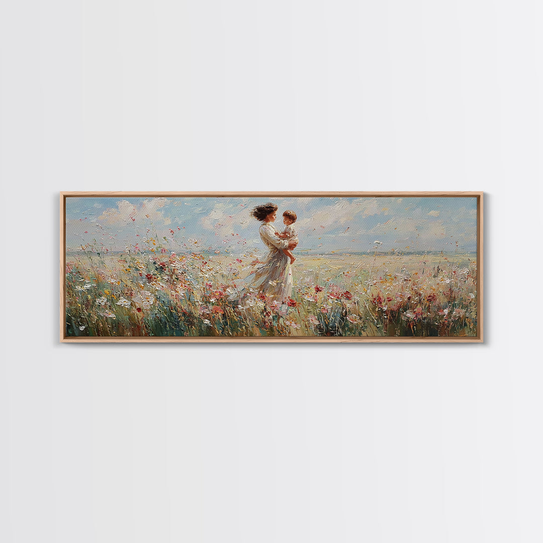 Mother Embracing Child In Breezy Wildflower Field Wall Art, Impressionist Canvas Print, Feminine Nursery Decor Gift For Mom