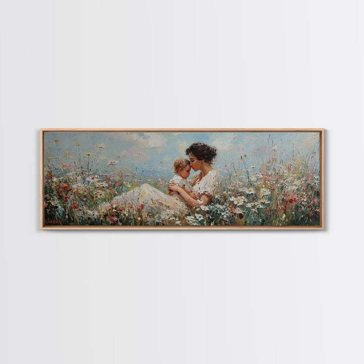 Seated Mother Cuddling Baby Among Wildflowers Wall Art, Impressionist Floral Canvas Print, Nursery Decor Gift For Mom And Her