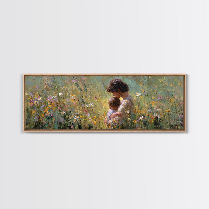 Mother Snuggling Baby In Golden Wildflower Meadow Wall Art, Impressionist Canvas Print, Feminine Nursery Decor Gift For Mom