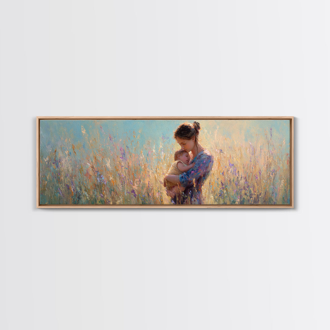 Mother Holding Newborn In Pastel Meadow Wall Art, Impressionist Floral Canvas Print, Baby Nursery Decor Gift For Mom And Her